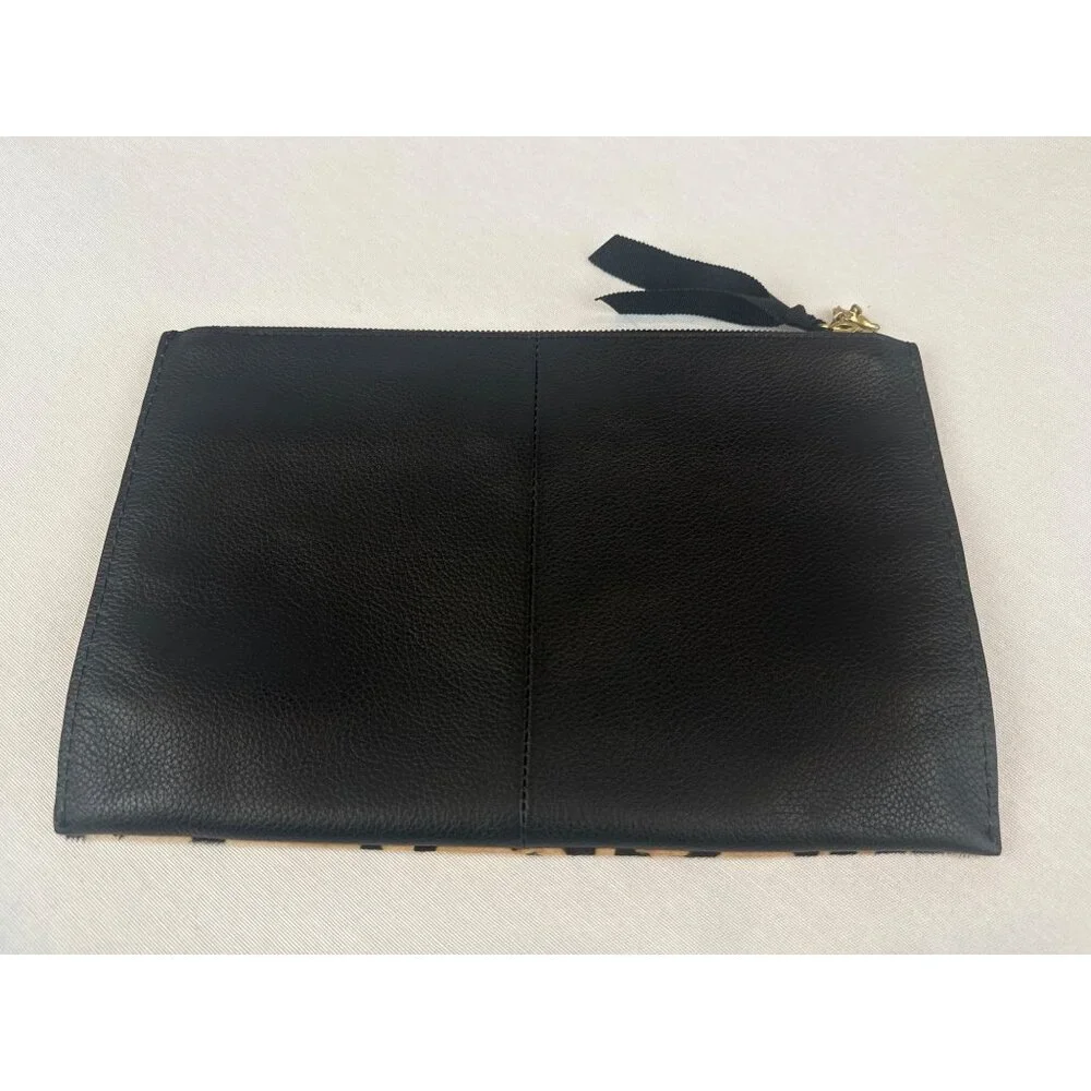 J Crew Black Leather Calf Hair Leopard Print Clutch Brass Accents Zipper - Picture 5 of 11